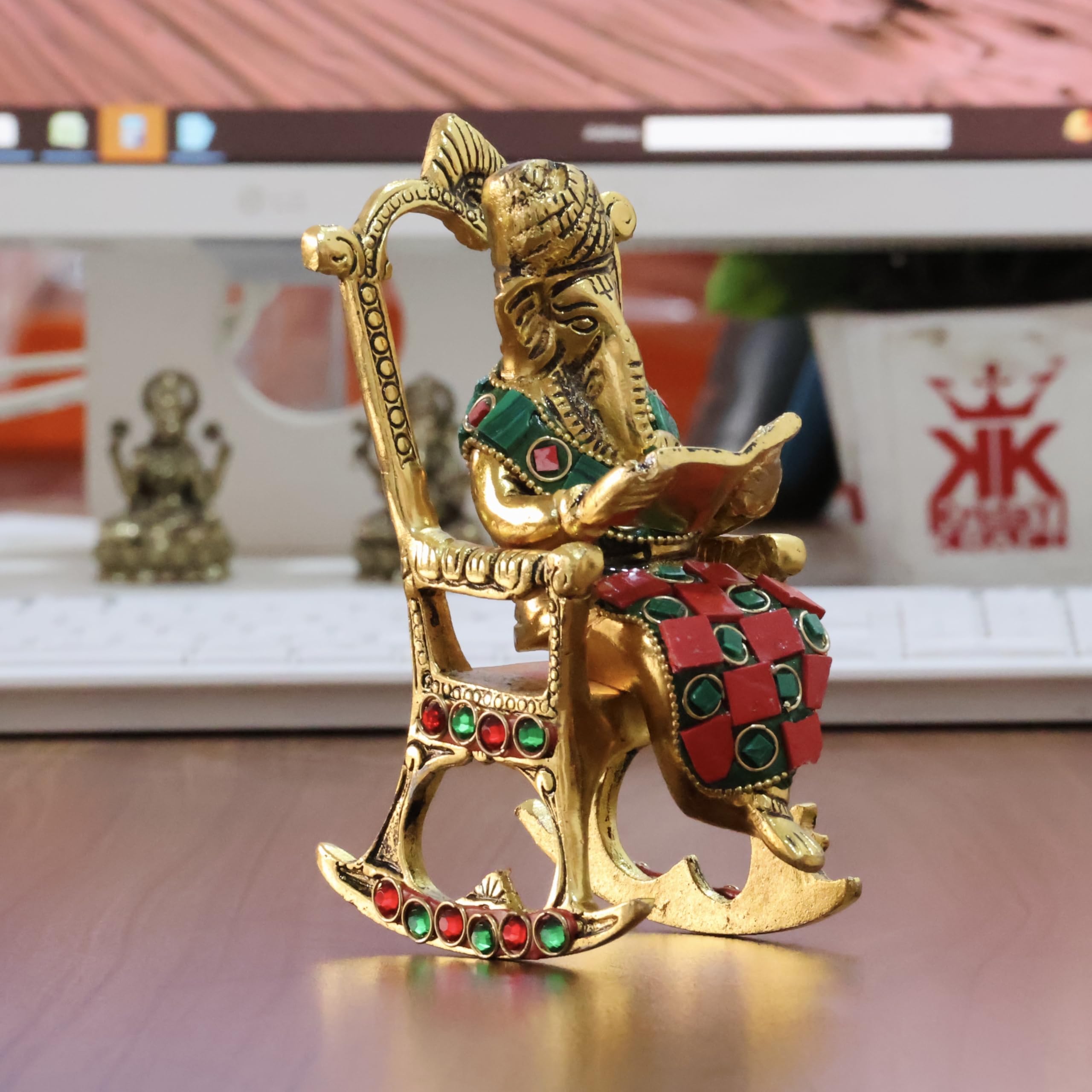 Kridaykraft Chair Ganesha Ji Reading Book With Stone Work,Ganesha Metal Statue,Ganpati Murti Idol For Pooja & Home,Office Dcor G